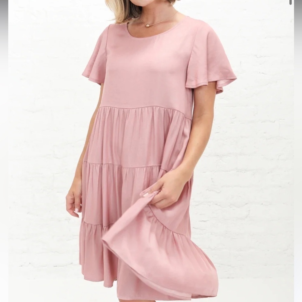 Mikarose Pink Tiered Short Sleeve Button Back Keyhole Dress Size L